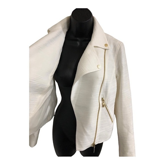 Anne Klein ecru boucle lookโ gold zippered moto jacket blazer size large new - Picture 5 of 17